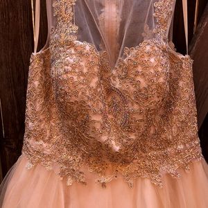 Cream Semi Formal Sleeveless Gold Dress Beaded Bling Tulle Prom Wedding 0010